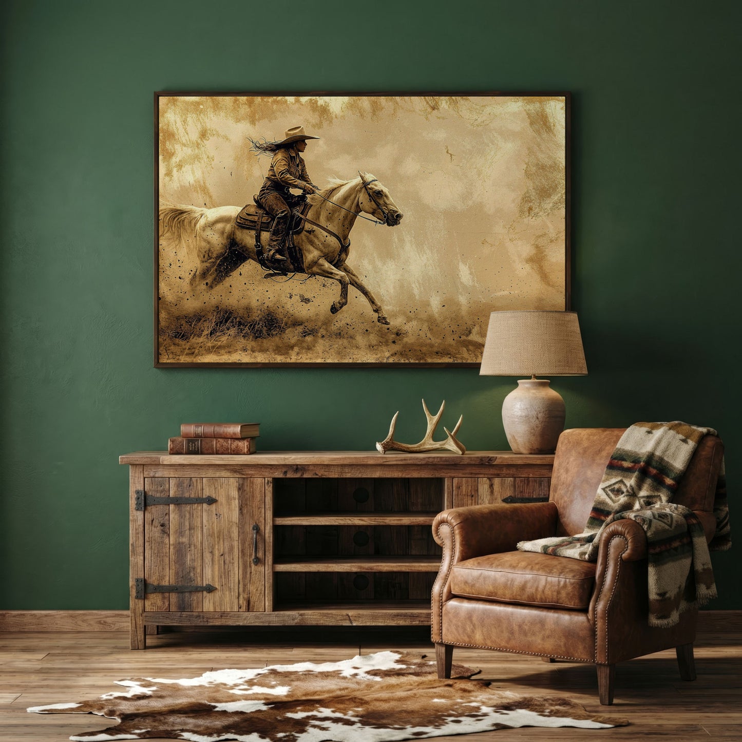 Cowgirl on White Horse at Full Gallop. Western Canvas Wall Art in dark walnut floating frame