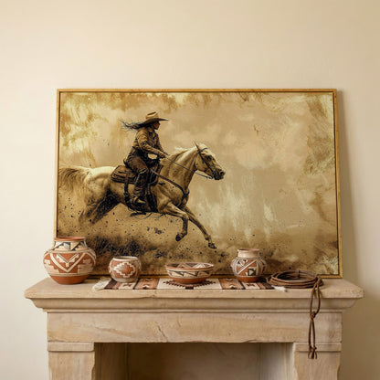 Cowgirl on White Horse at Full Gallop. Western Canvas Wall Art in white oak floating frame