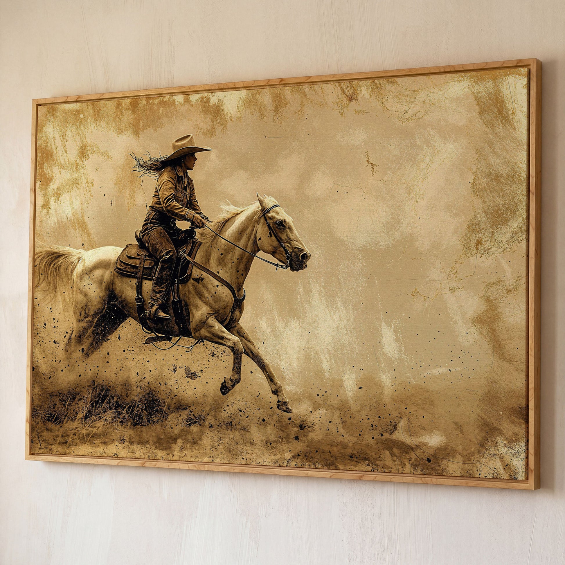 Cowgirl on White Horse at Full Gallop. Western Canvas Wall Art shown in white oak floating frame