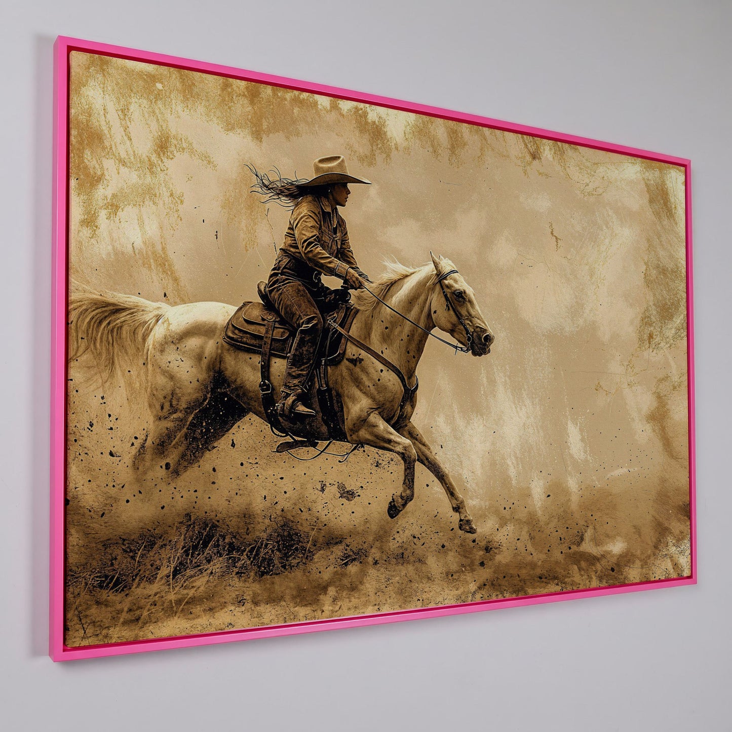 Cowgirl on White Horse at Full Gallop. Western Canvas Wall Art in pink floating frame
