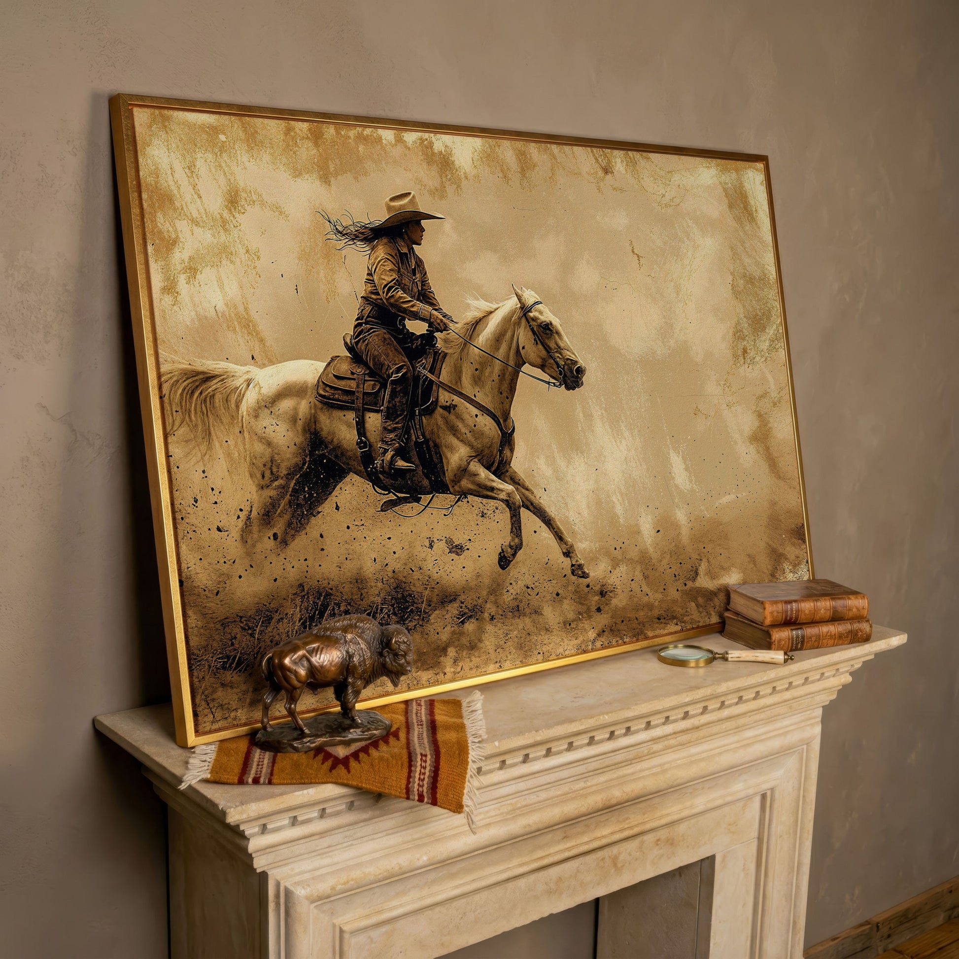 Cowgirl on White Horse at Full Gallop. Western Canvas Wall Art in rose gold floating frame