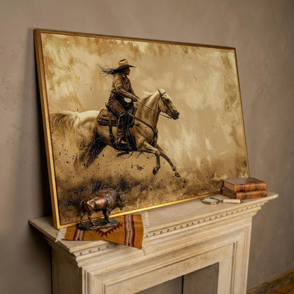 Cowgirl on White Horse at Full Gallop. Western Canvas Wall Art in rose gold floating frame