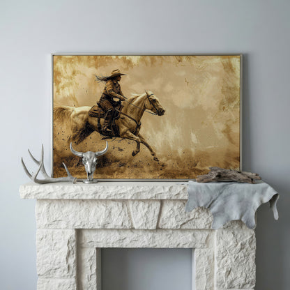 Cowgirl on White Horse at Full Gallop. Western Canvas Wall Art in silver floating frame