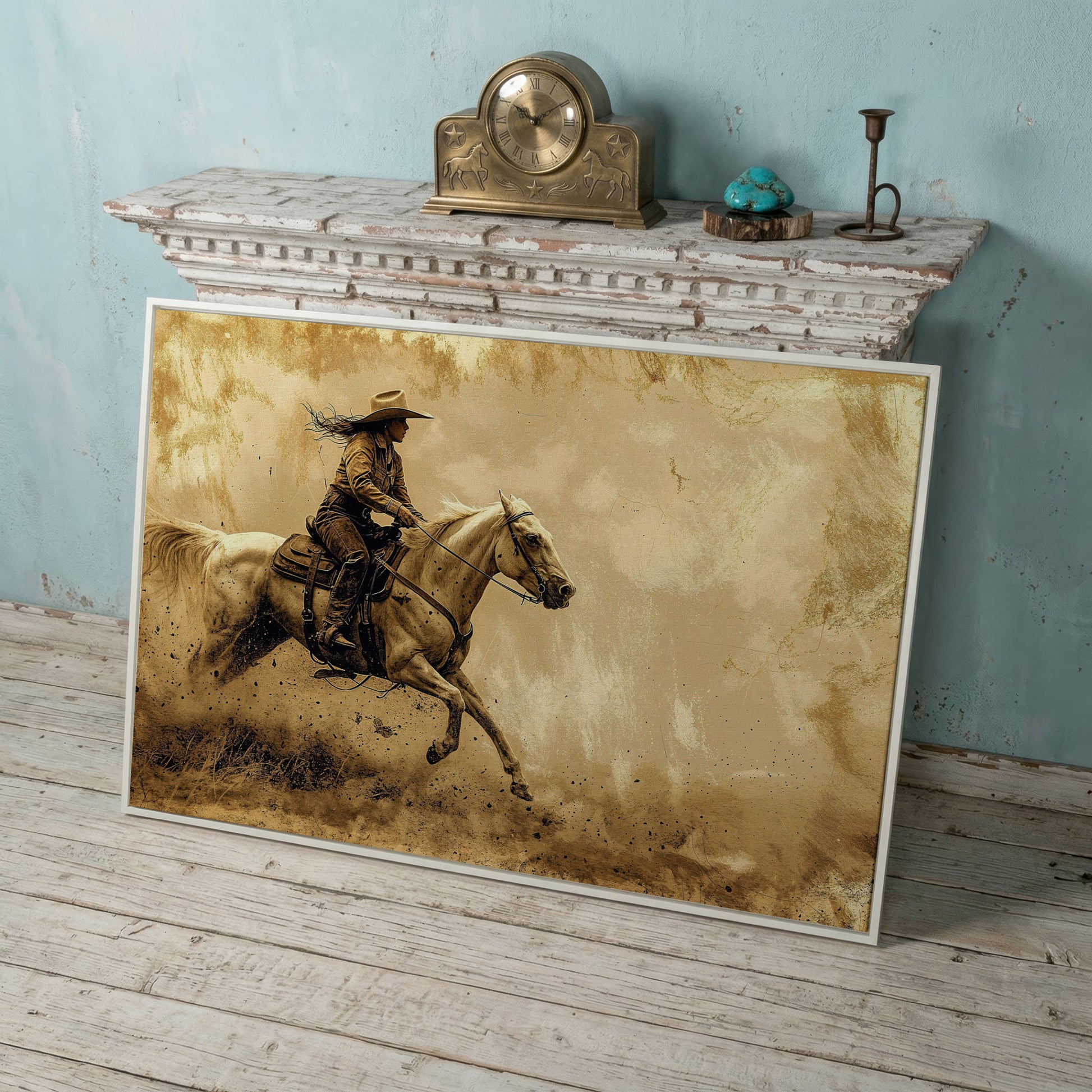 Cowgirl on White Horse at Full Gallop. Western Canvas Wall Art in white floating frame