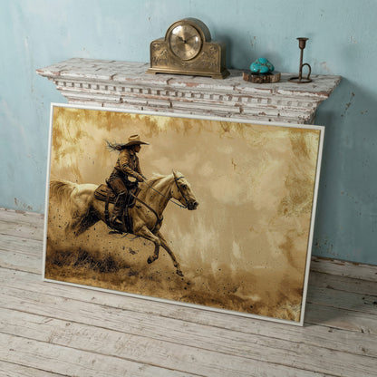 Cowgirl on White Horse at Full Gallop. Western Canvas Wall Art in white floating frame