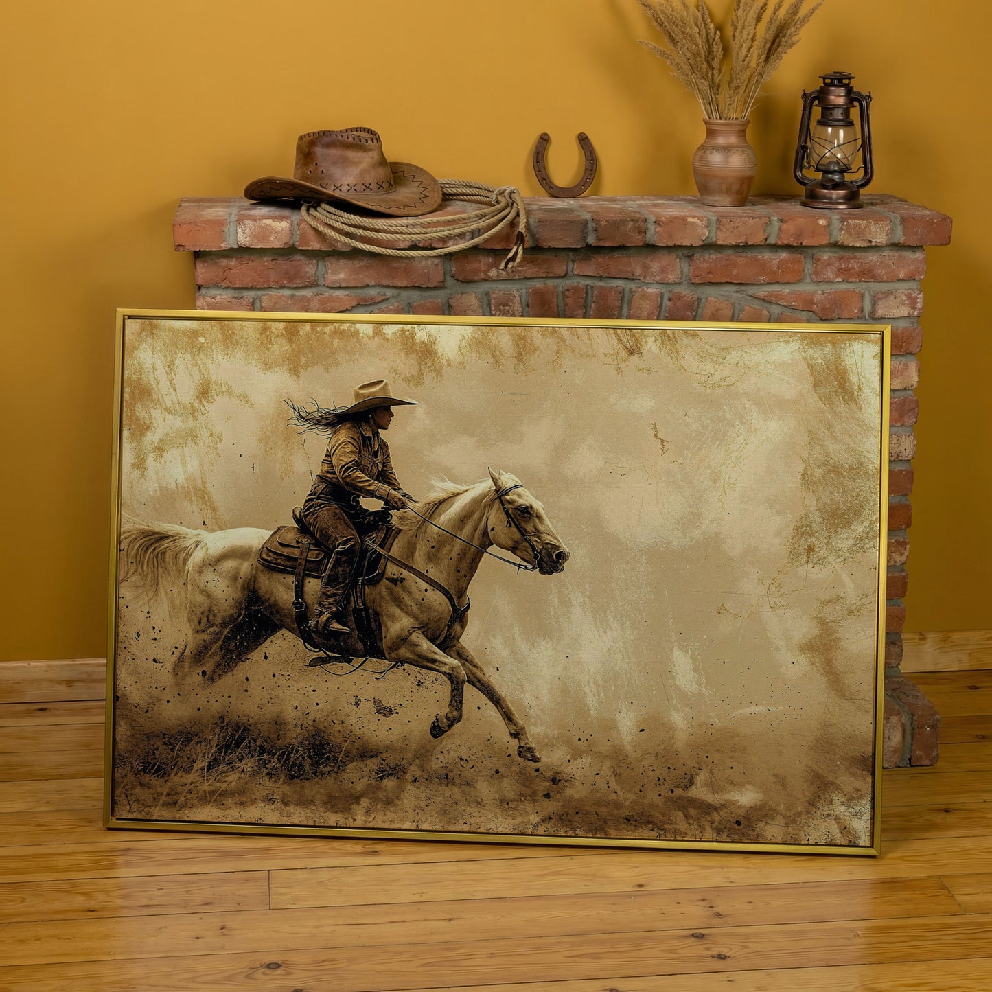 Cowgirl on White Horse at Full Gallop. Western Canvas Wall Art in yellow gold floating frame