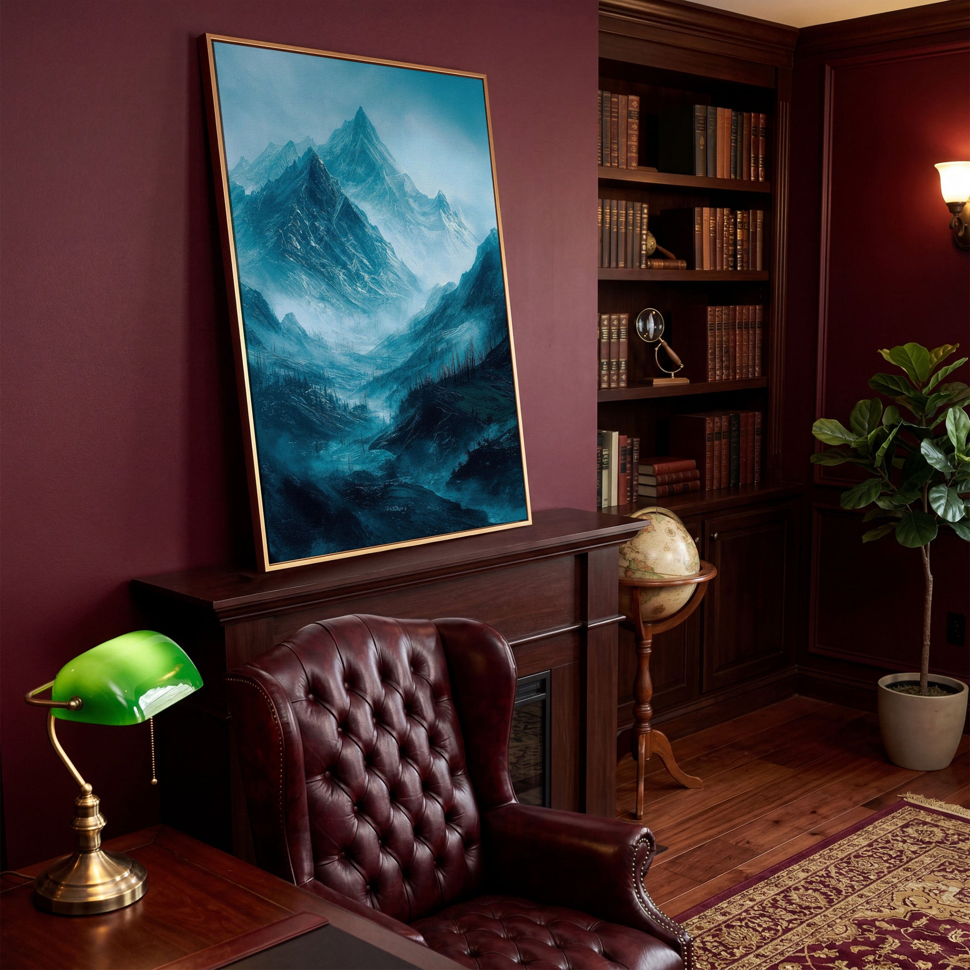 Misty Snow-Covered Mountain Range Canvas Wall Art in antique gold floating frame