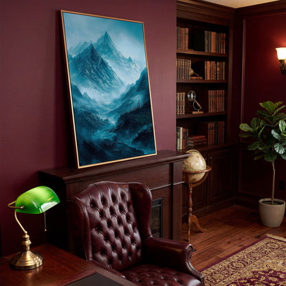 Misty Snow-Covered Mountain Range Canvas Wall Art in antique gold floating frame