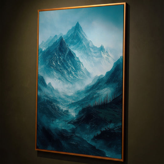 Misty Snow-Covered Mountain Range Canvas Wall Art shown in antique gold floating frame