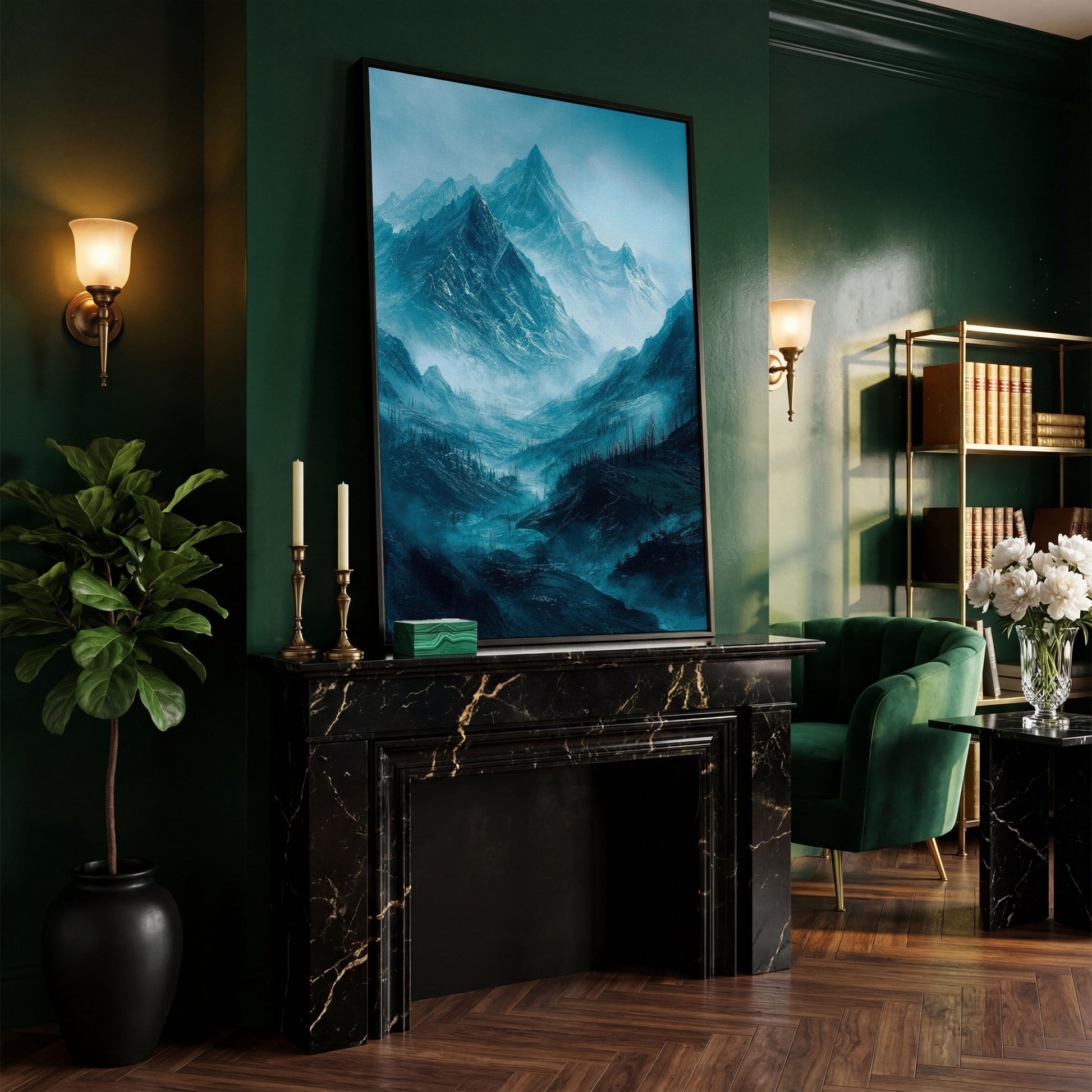 Misty Snow-Covered Mountain Range Canvas Wall Art in black floating frame