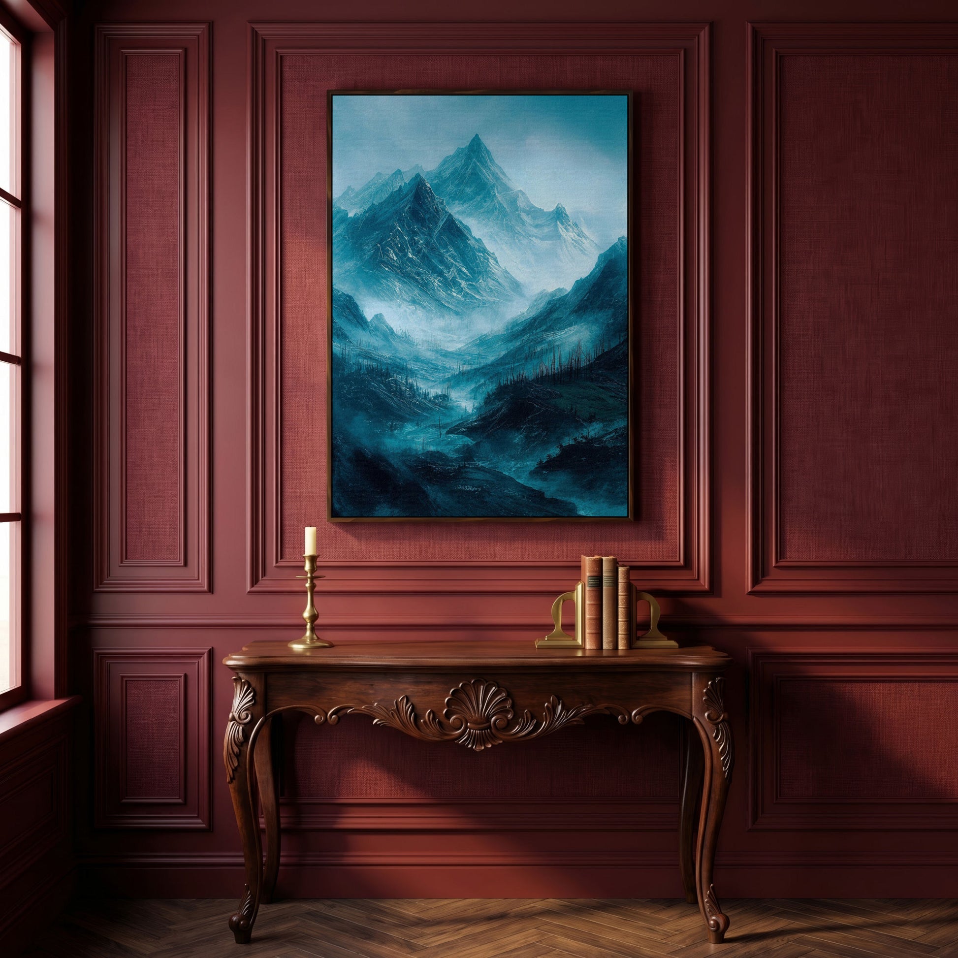 Misty Snow-Covered Mountain Range Canvas Wall Art in dark walnut floating frame
