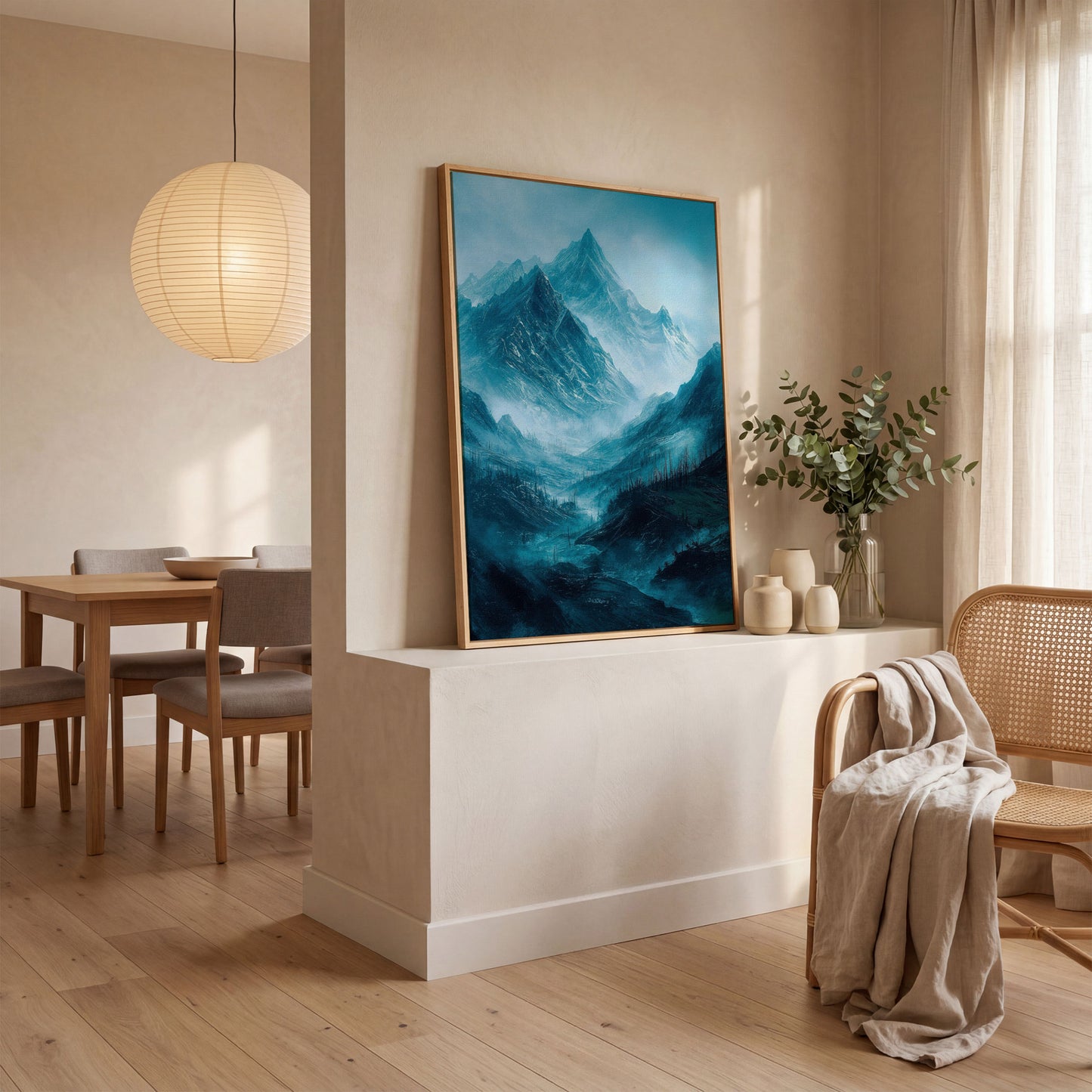 Misty Snow-Covered Mountain Range Canvas Wall Art in white oak floating frame