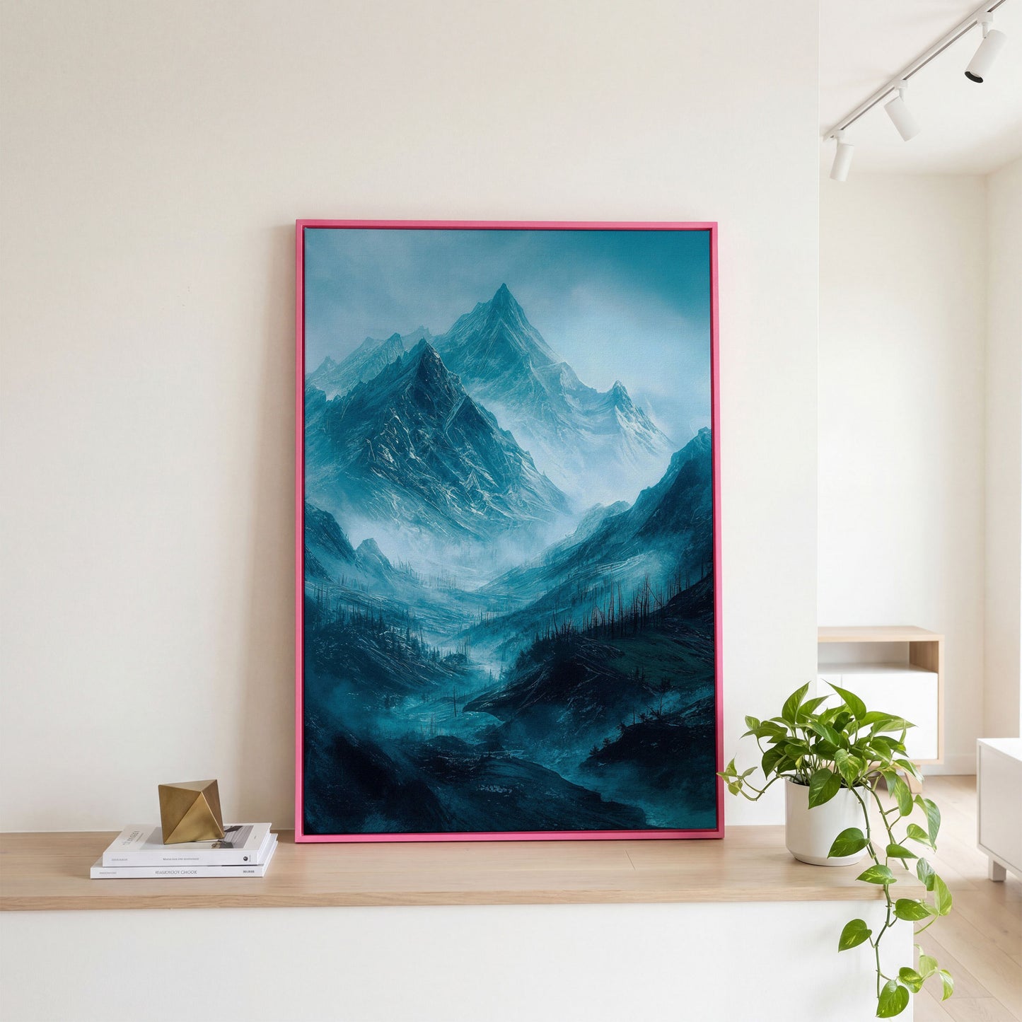 Misty Snow-Covered Mountain Range Canvas Wall Art in pink floating frame