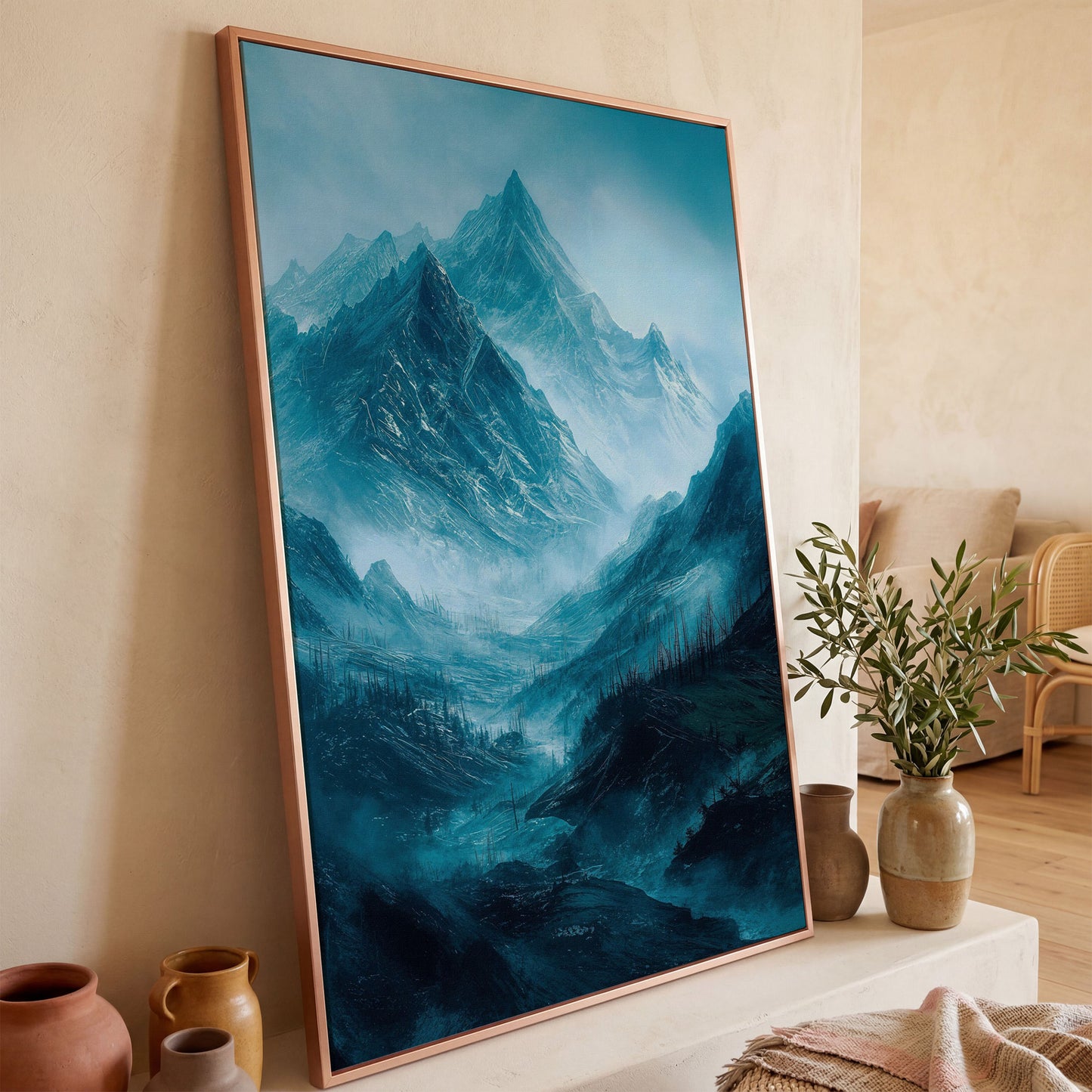 Misty Snow-Covered Mountain Range Canvas Wall Art in rose gold floating frame