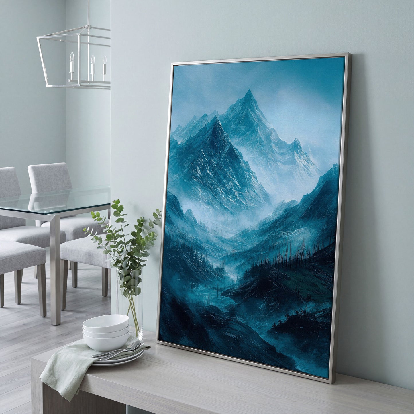 Misty Snow-Covered Mountain Range Canvas Wall Art in silver floating frame