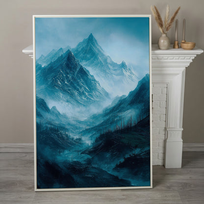 Misty Snow-Covered Mountain Range Canvas Wall Art in white floating frame