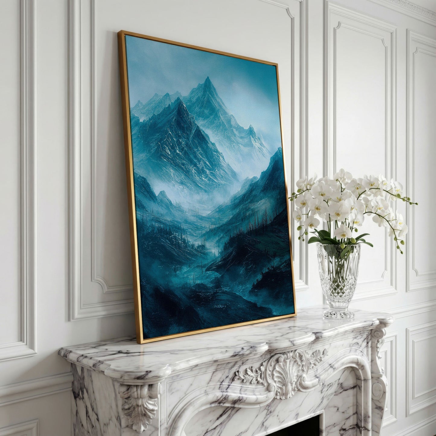 Misty Snow-Covered Mountain Range Canvas Wall Art in yellow gold floating frame