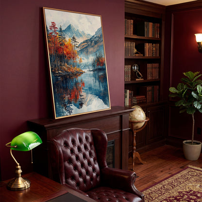 Autumn Mountain and Lake Canvas in antique gold floating frame