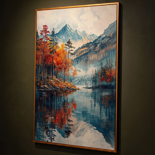 Autumn Mountain and Lake Canvas shown in antique gold floating frame