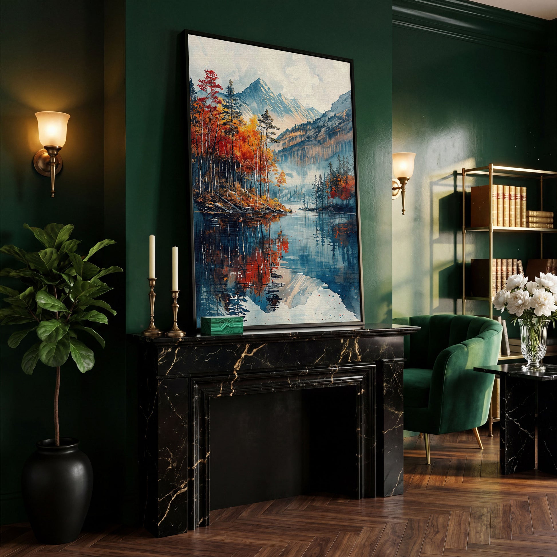Autumn Mountain and Lake Canvas in black floating frame