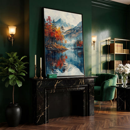 Autumn Mountain and Lake Canvas in black floating frame