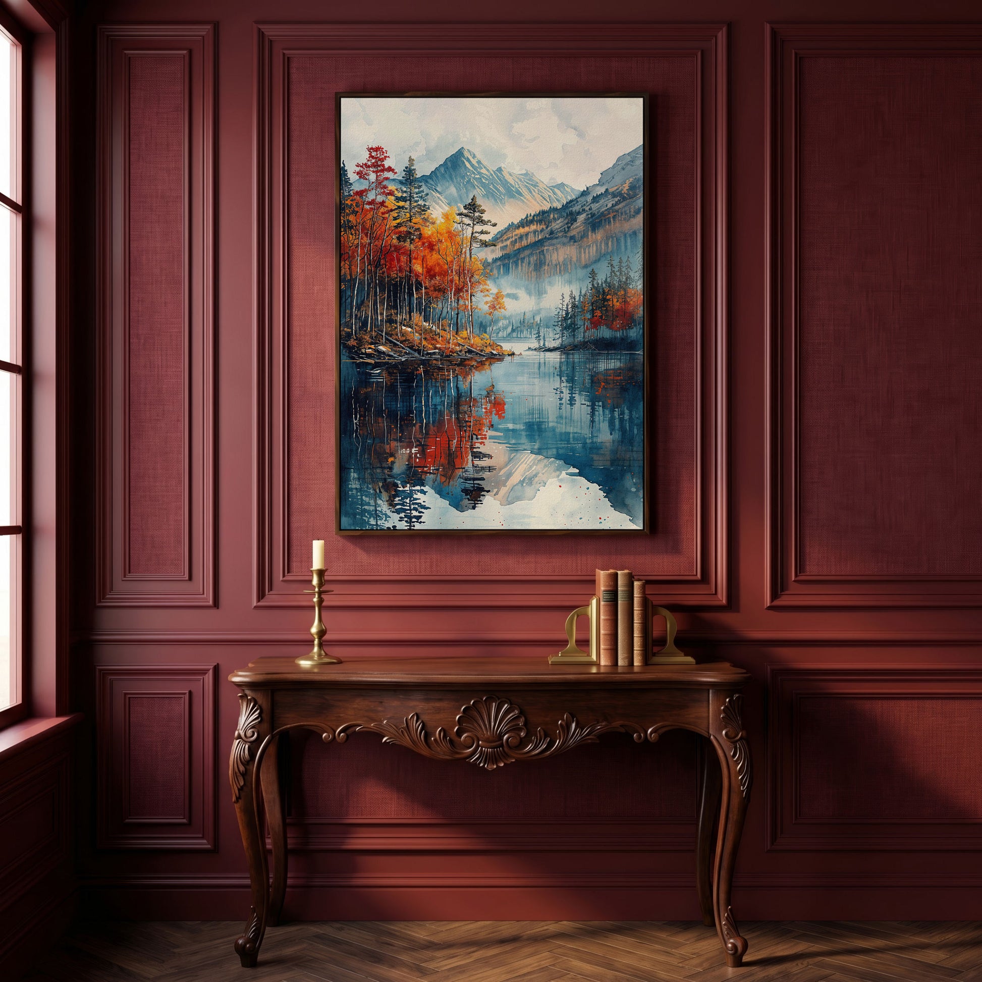 Autumn Mountain and Lake Canvas in dark walnut floating frame
