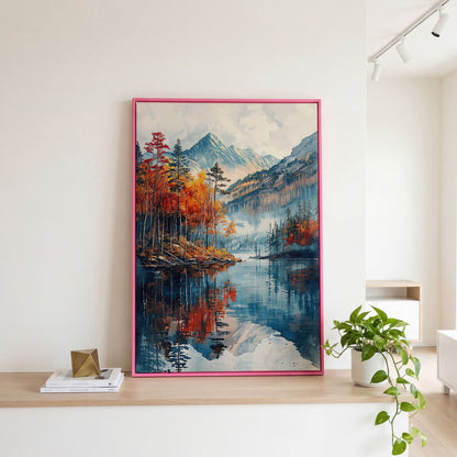 Autumn Mountain and Lake Canvas in pink floating frame