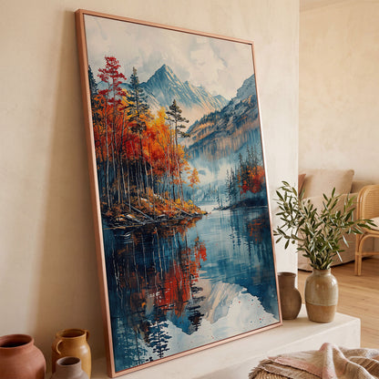 Autumn Mountain and Lake Canvas in rose gold floating frame