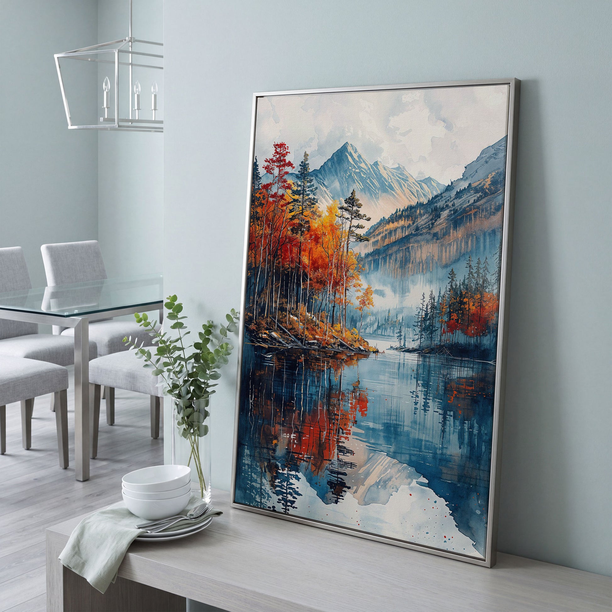 Autumn Mountain and Lake Canvas in silver floating frame