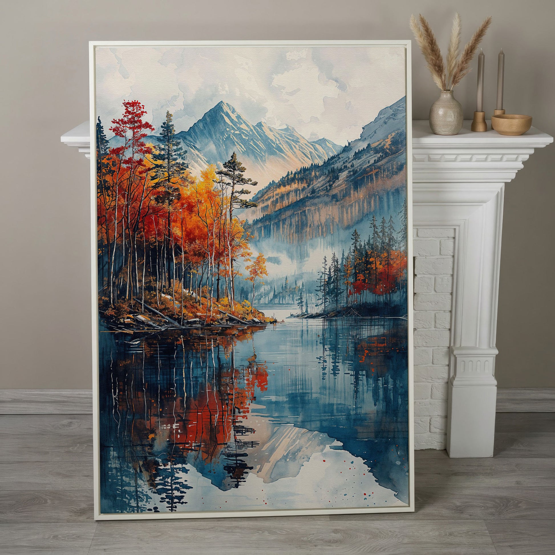 Autumn Mountain and Lake Canvas in white floating frame