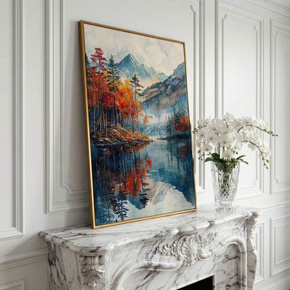 Autumn Mountain and Lake Canvas in yellow gold floating frame