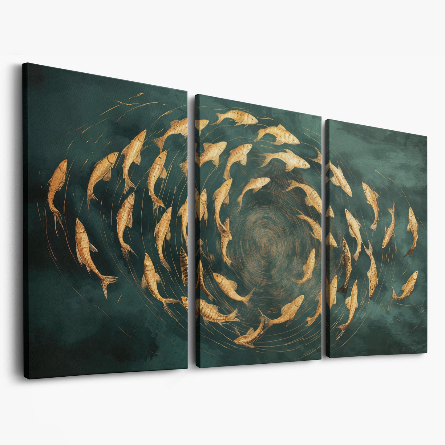 Teal and Gold Swirl Canvas as 3-panel split version