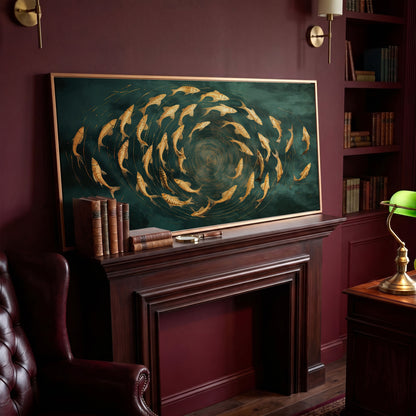 Teal and Gold Swirl Canvas in antique gold floating frame
