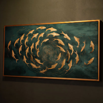 Teal and Gold Swirl Canvas shown in antique gold floating frame