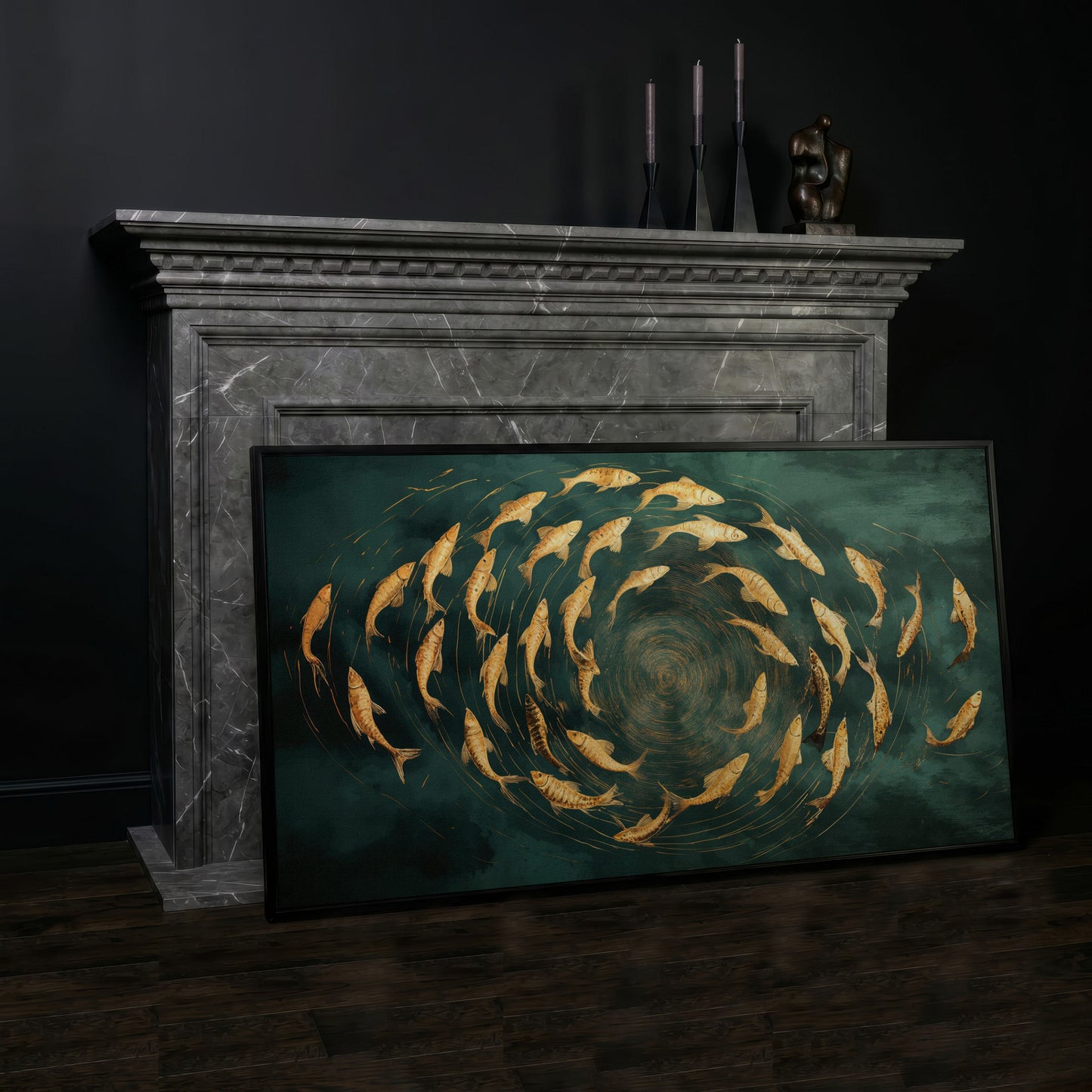 Teal and Gold Swirl Canvas in black floating frame
