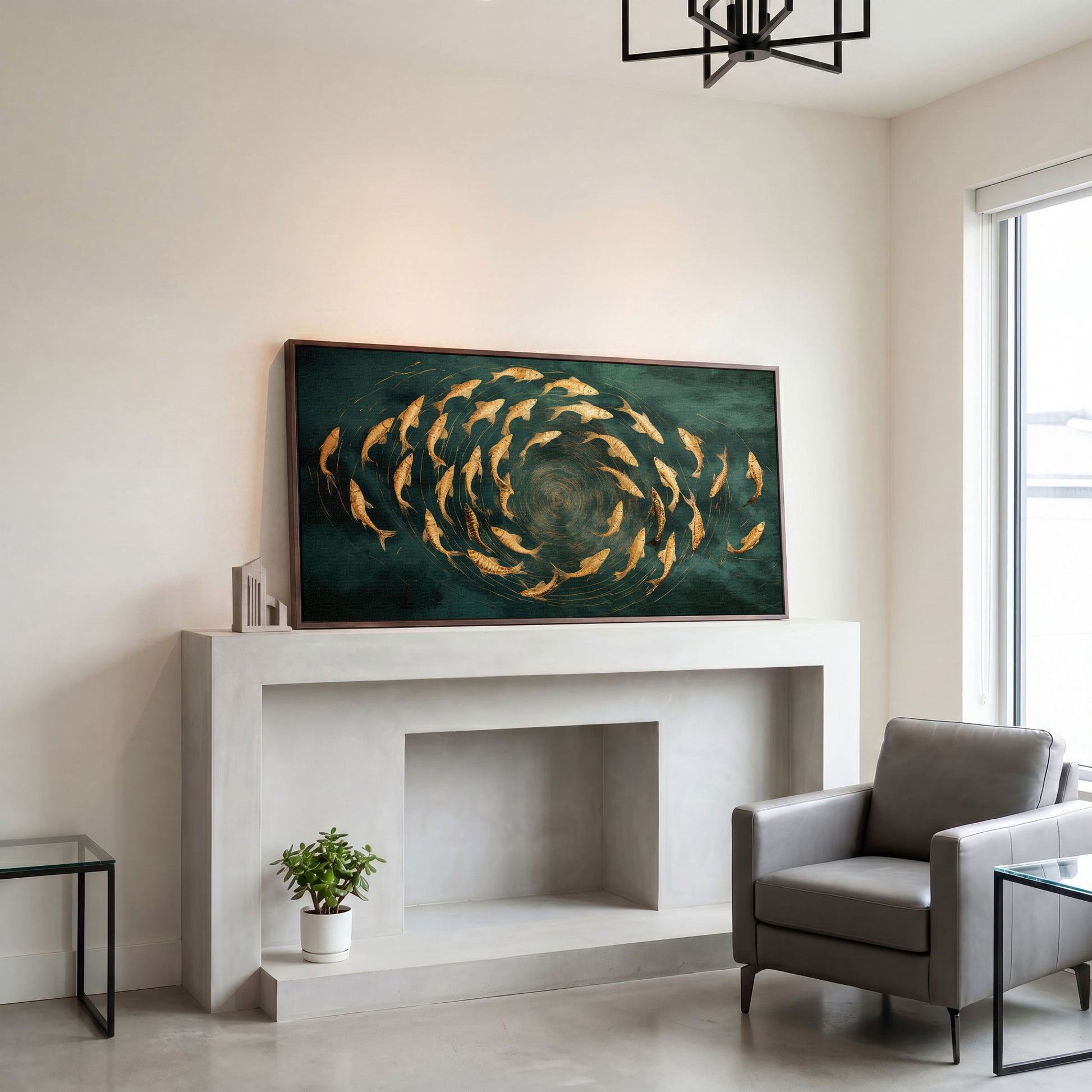 Teal and Gold Swirl Canvas in dark walnut floating frame