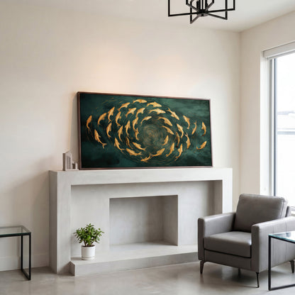 Teal and Gold Swirl Canvas in dark walnut floating frame