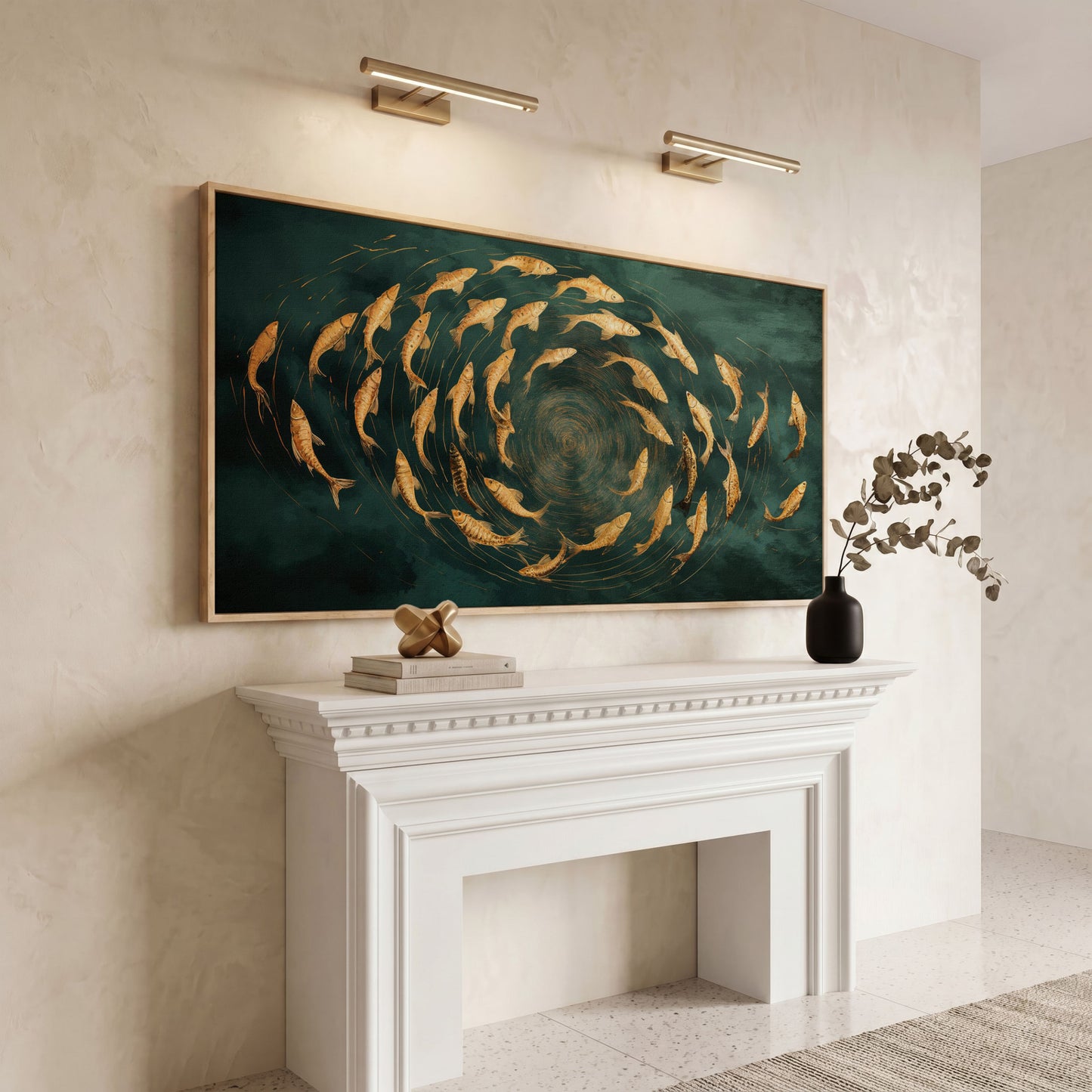 Teal and Gold Swirl Canvas in white oak floating frame