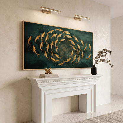Teal and Gold Swirl Canvas in white oak floating frame