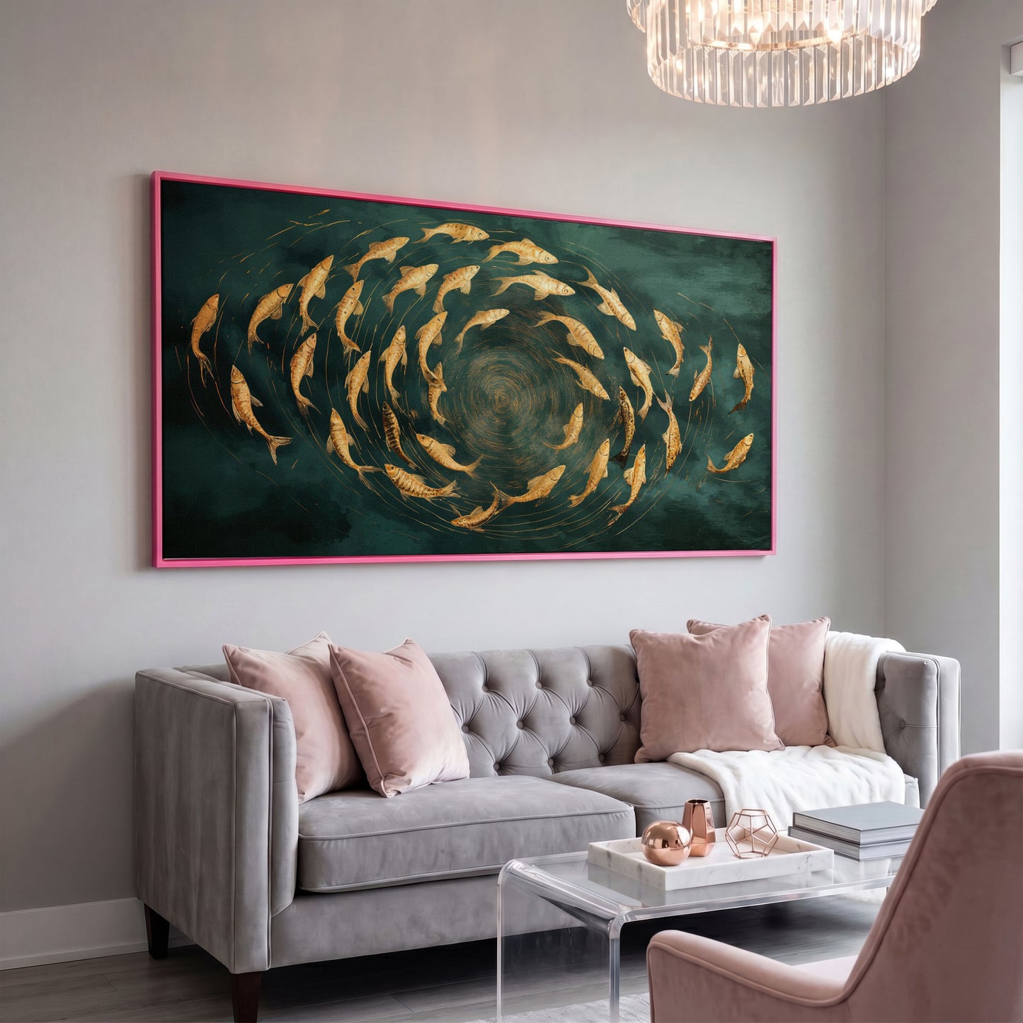 Teal and Gold Swirl Canvas in pink floating frame