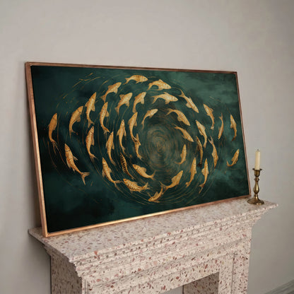 Teal and Gold Swirl Canvas in rose gold floating frame
