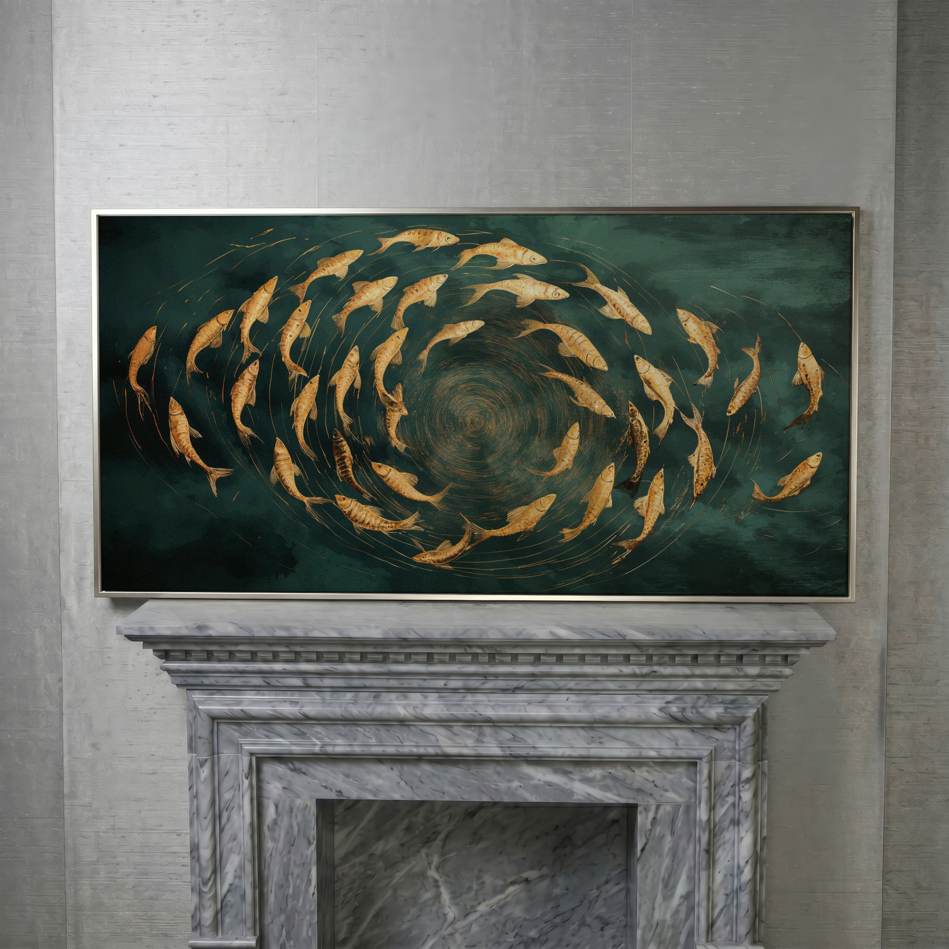 Teal and Gold Swirl Canvas in silver floating frame
