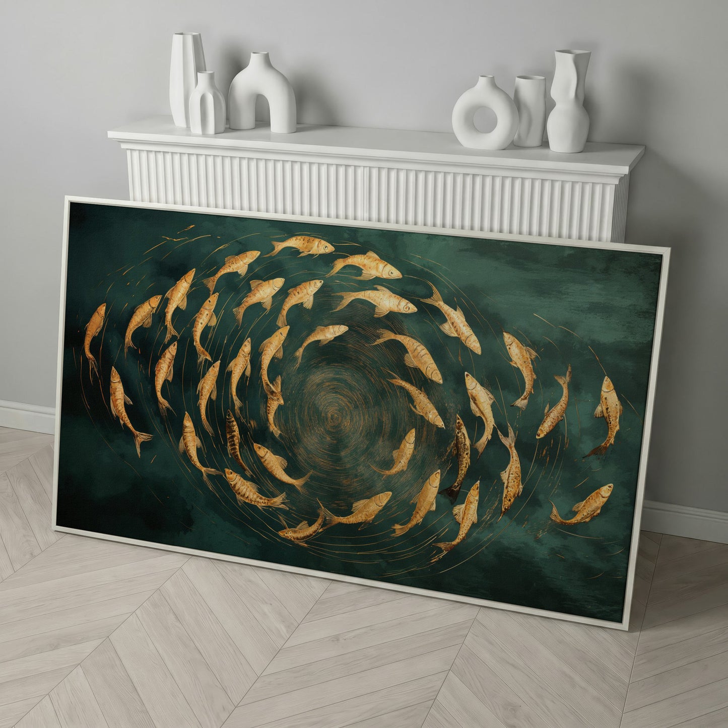 Teal and Gold Swirl Canvas in white floating frame