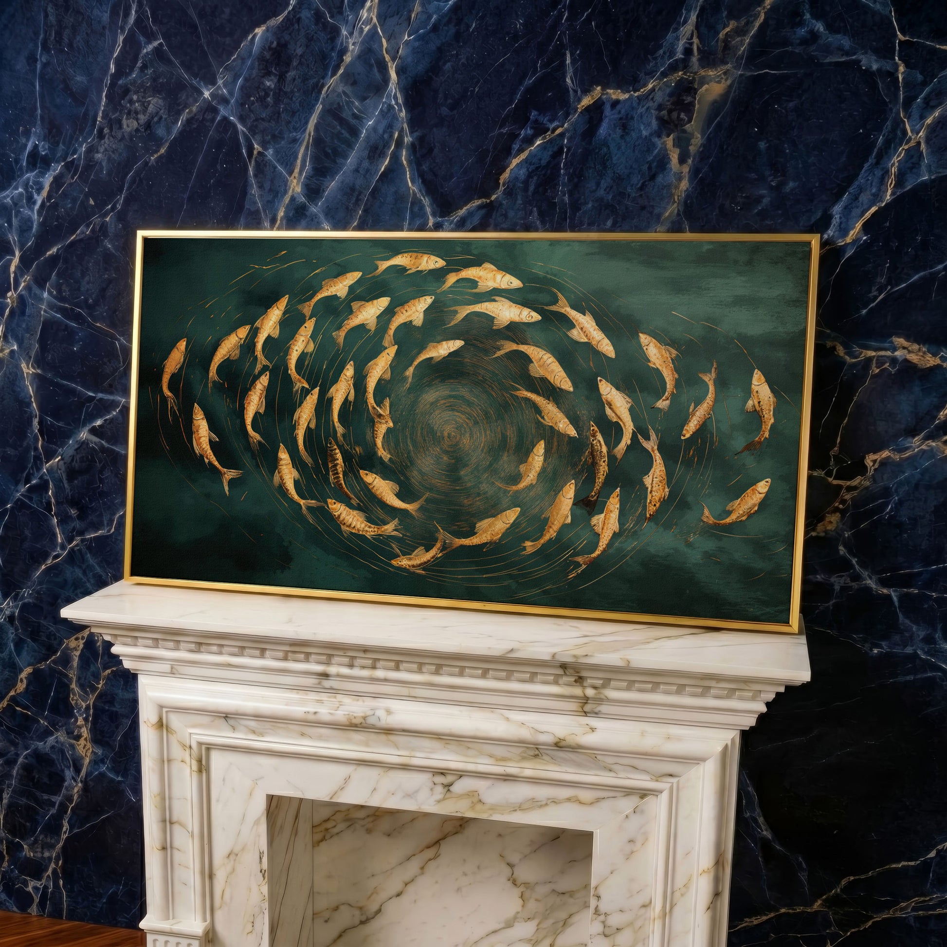 Teal and Gold Swirl Canvas in yellow gold floating frame