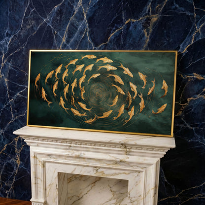 Teal and Gold Swirl Canvas in yellow gold floating frame