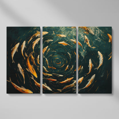 Swirling Koi Fish Canvas Art, Japanese-Style Circular Pattern as 3-panel split version