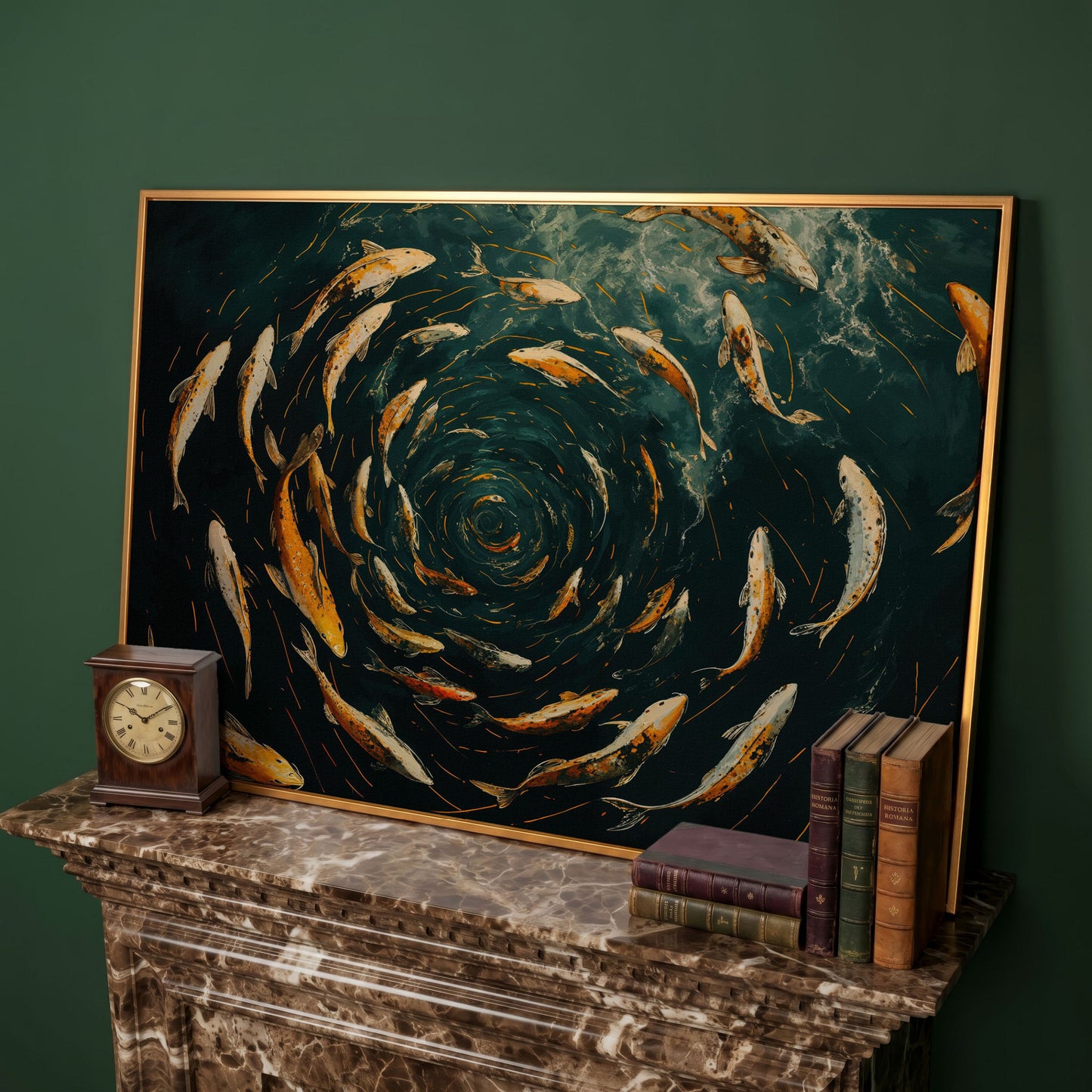 Swirling Koi Fish Canvas Art, Japanese-Style Circular Pattern in antique gold floating frame