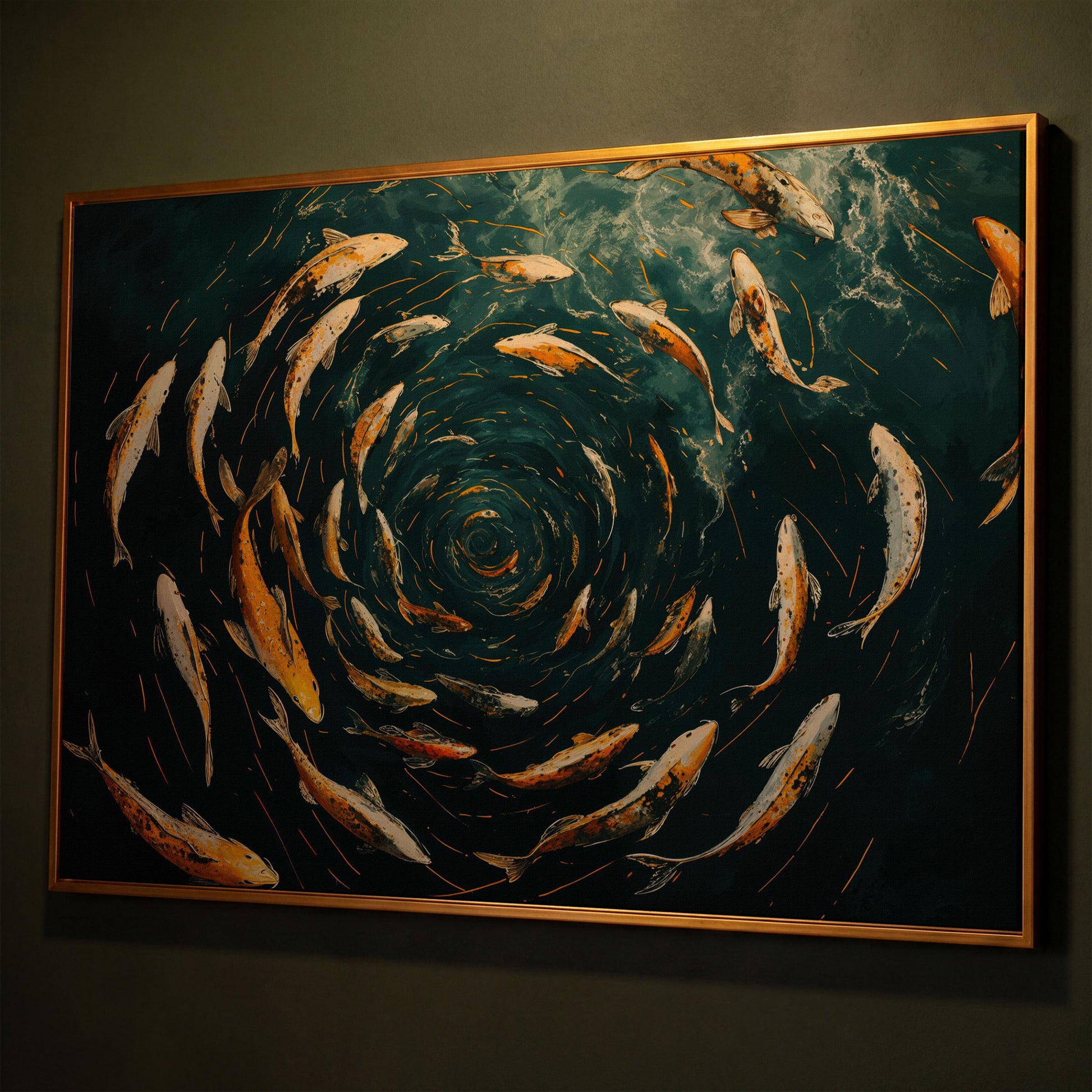 Swirling Koi Fish Canvas Art, Japanese-Style Circular Pattern shown in antique gold floating frame