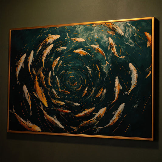 Swirling Koi Fish Canvas Art, Japanese-Style Circular Pattern shown in antique gold floating frame