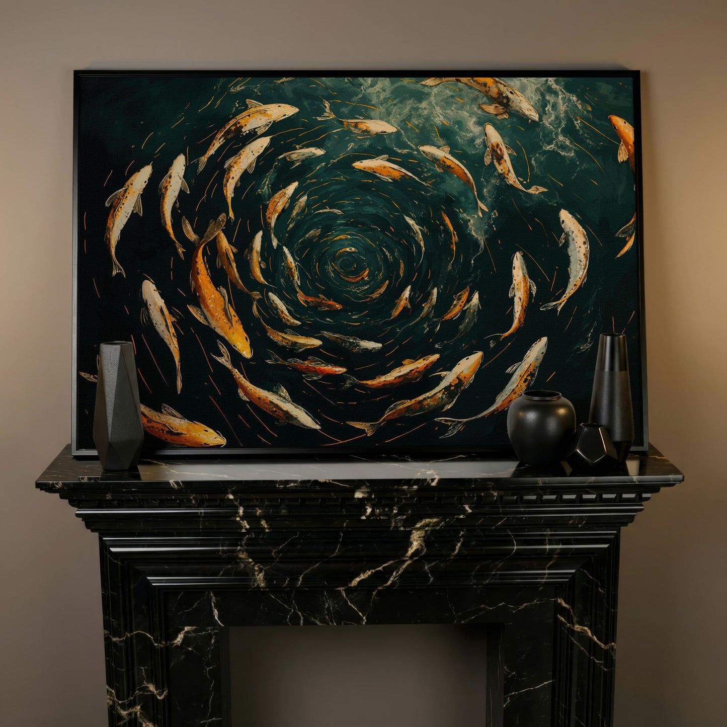 Swirling Koi Fish Canvas Art, Japanese-Style Circular Pattern in black floating frame